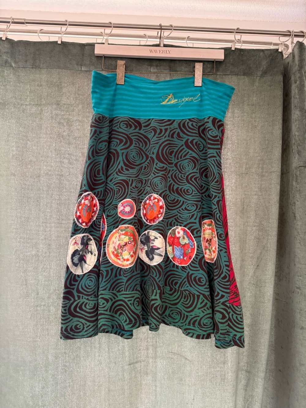Desigual Teal, Black & Red Patterned A-Line Skirt Marked Size M, but fits L or X